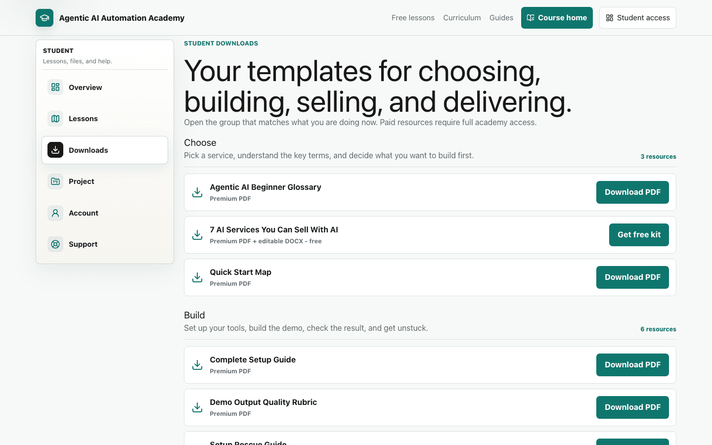 Academy resource library with downloadable course templates and playbooks